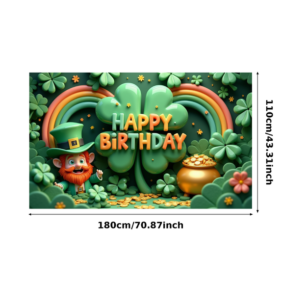 Green Shamrock Happy Birthday Banner with Rainbow Decoration for St Patrick's Day Celebration Party Photo Background