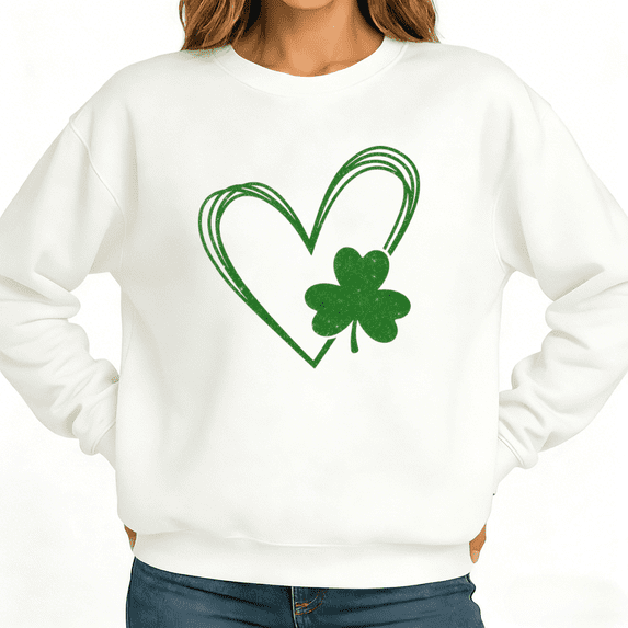 Green Shamrock Heart Womans Print Sweatshirt Graphic Sweatshirt White Black S-3XL St Patricks Soft Fleece Tops