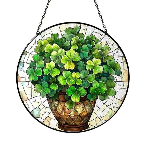 Green Shamrock Plant Stained Glass Style Suncatcher, Clover In Golden Pot Window Hanging Decor, Botanical Window Ornament, Spring Plant Glass Art Decoration