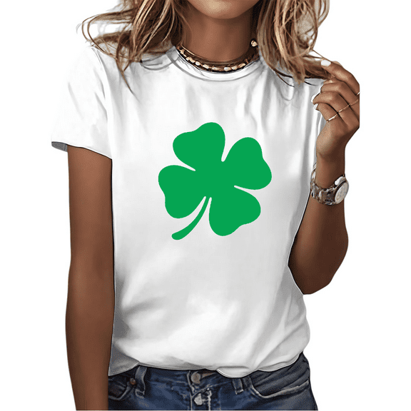 Green Shamrock Print Tshirt Graphic Tees White Shirts S-5XL St Patricks Day Simple Womens Tops