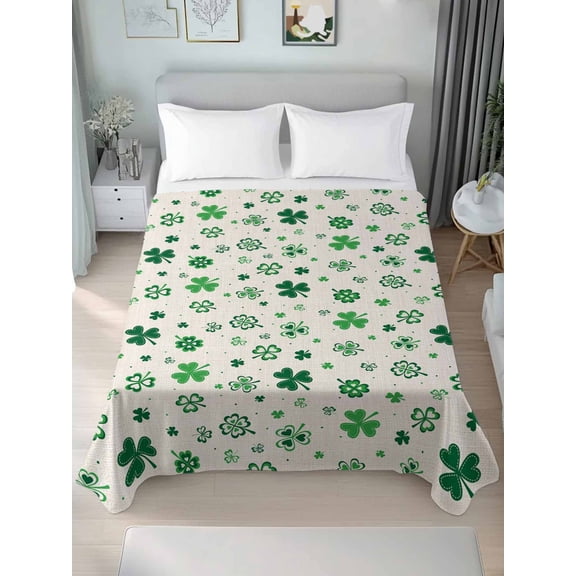 Green Shamrock, Queen Size Flat Sheet, Wrinkleproof & Fadeproof Cooling Flat Bed Sheet Only, St. Patrick's Day Leaves Breathable Soft Bedding Top Sheets 90 x 102 Inches