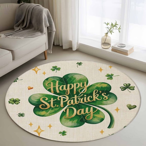 Green Shamrock Round Area Rug 4ft, Spring Three Leaf Star Love Lucky Beige Washable Non-Slip Circle Rugs for Bedroom Living Room Kitchen, Soft Non Shedding Circle Carpet for Dining Room Dorm