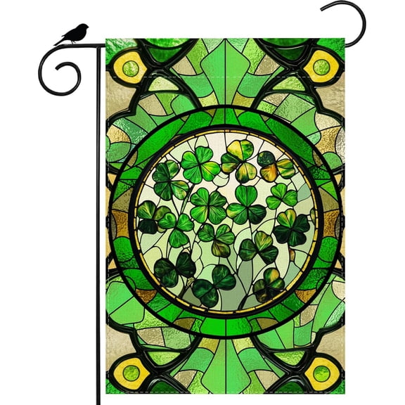 Green Shamrocks Clovers Stained Glass St. Patrick''s Day Garden Flag 12x18 Inch Double Sided Small Mini Yard Flag Outdoor Outside Holiday Party Decoration