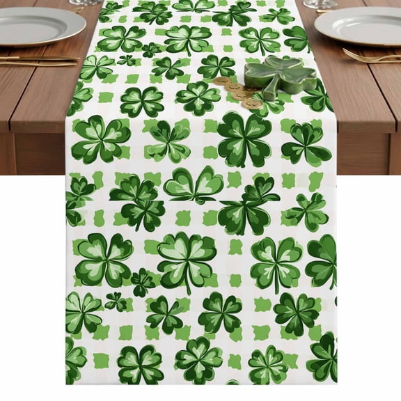 Green Shamrocks Table Runner 13 x 36 Inch, St Patrick's Day Washable Cotton Linen Dining Table Runner Tabletop Decorations for Restaurant Home Kitchen Party