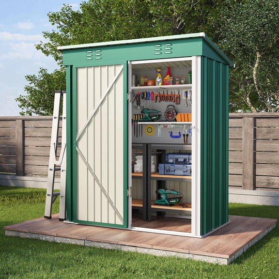 Green Shed, Asofer Metal Storage Shed with Sloping Roof for Backyard Patio Lawn, Small Garden Tool Shed