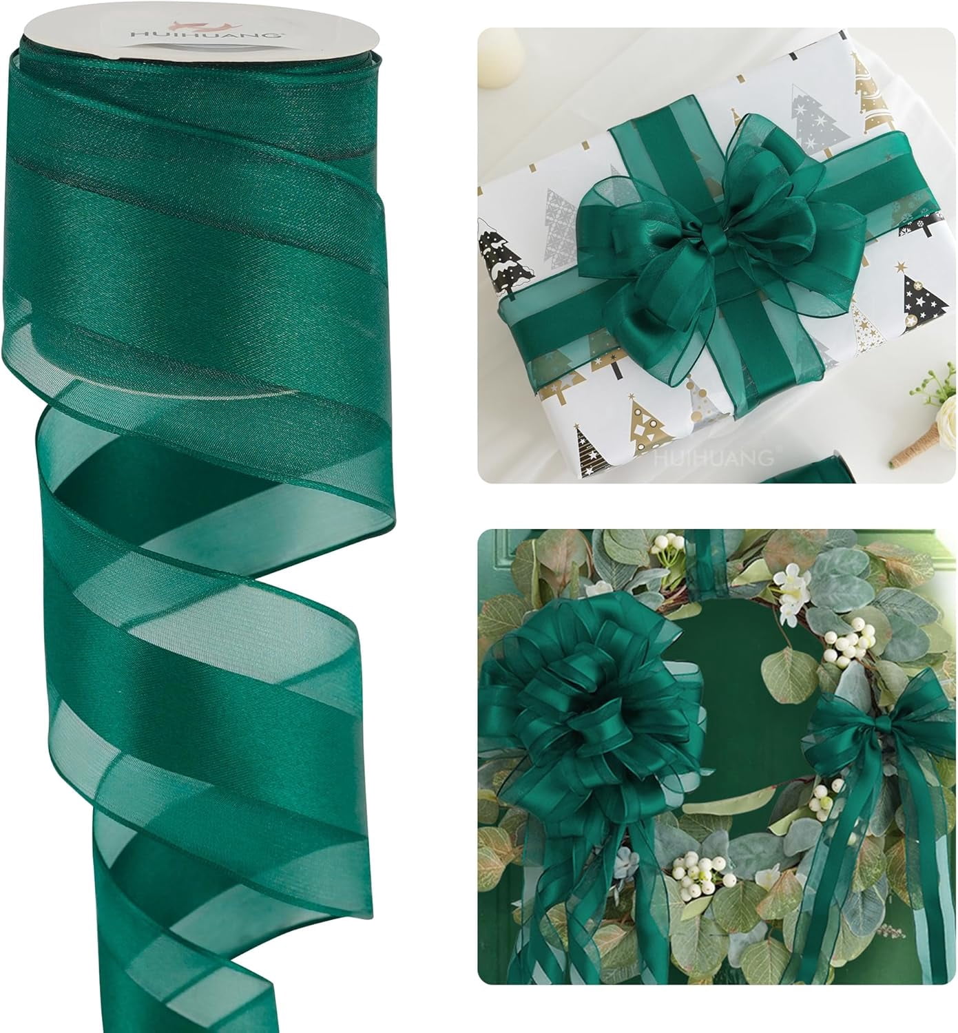 Green Sheer Christmas Ribbon 2.5 inch Hunter Green Wired Organza Ribbon with Satin Stripe, for X-mas Tree, Bows Making, Wreaths, Gift Wrapping, Wedding Home Decor-Continous 10 Yards