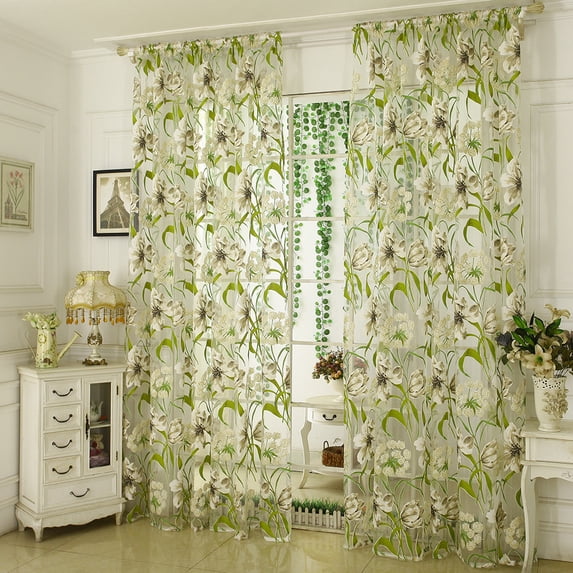 Green Sheer Curtains 84 Inches Long 2 Panels Set Cream Green Floral Leaf Pattern Rod Pocket Semi Sheer Voile Window Curtains/Drapes for Bedroom Living Room 42 x 84 Inches