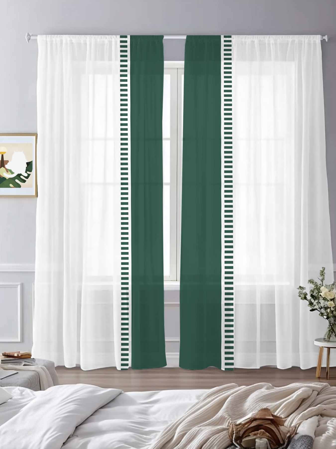 Green Sheer Curtains 84 inches Long 2 Panels Set Stripes Solid Color ...