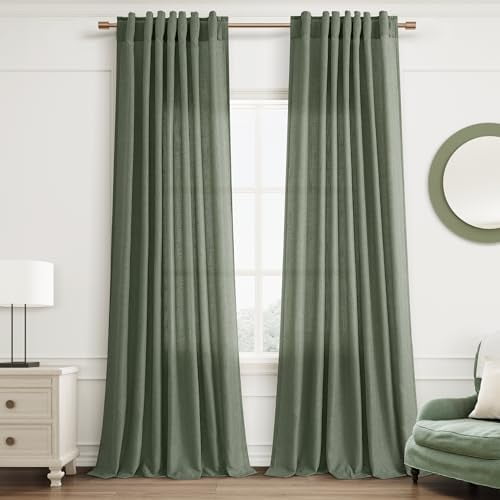 Green Sheer Linen Curtains 96 Inches Long Aesthetic Boho Bedroom Living Room Decor Sliding Door Curtains Hook Belt Back Tab Pocket Emerald Green 52X96 8FT Length for Sliding Door Curtain
