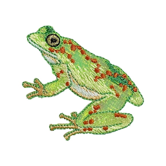 Green Shimmery Frog, Facing Left, Embroidered Iron on Patch