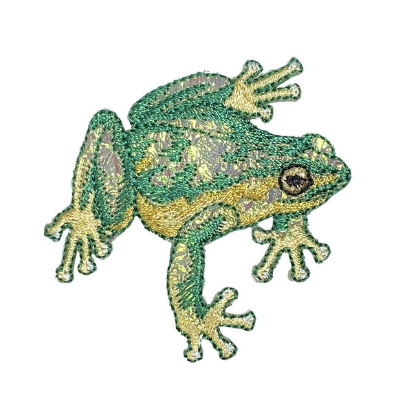 Green Shimmery Frog, Facing Right, Embroidered Iron-on Patch