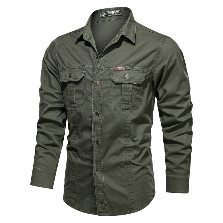 Green Shirts Male Autumn Winter Soild Color Cotton Single Breasted Double  Pocket Long Sleeve Washed Military Outdoor Shirt