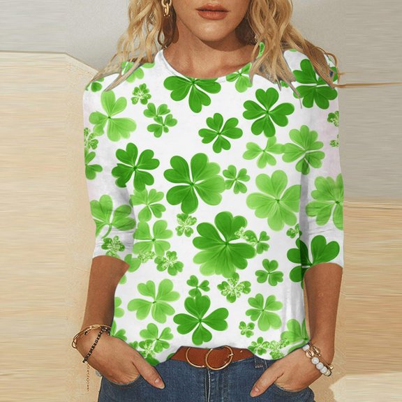 Green Shirts Womens 3/4 Length Sleeve Tops St Patricks Day T Shirts for Women Crew Neck Leaves Graphic Tees (4XL, Green 02)