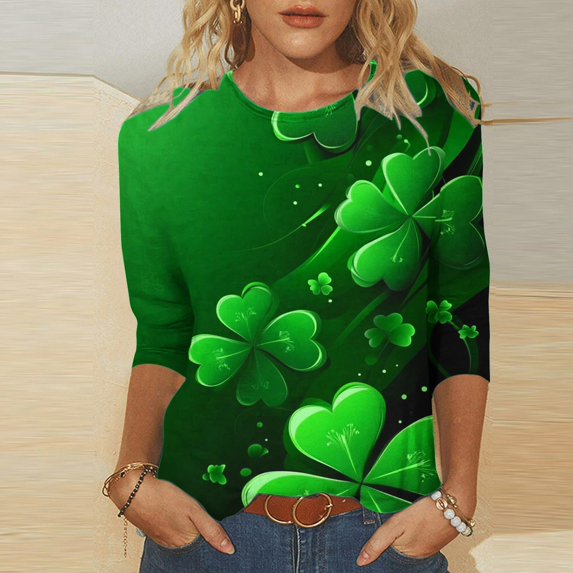 Green Shirts Womens 3/4 Length Sleeve Tops St Patricks Day T Shirts for Women Crew Neck Leaves Graphic Tees (4XL, Green 16)