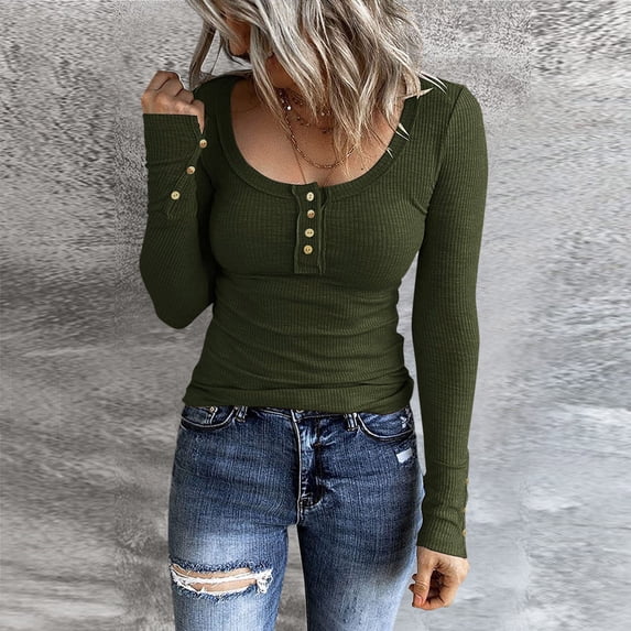 Green Shirts for Women Long Sleeve T Shirts Button Down Slim Fit Tops Scoop Neck Ribbed Knit Shirts Womens Tops Blouses Trendy