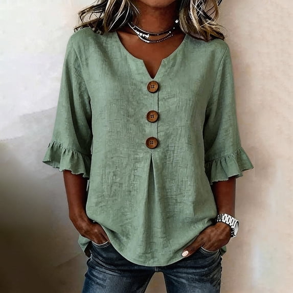 Green Shirts for Womens 3/4 Sleeve Fall Slim Fit Basic Shirt Layer for Office
