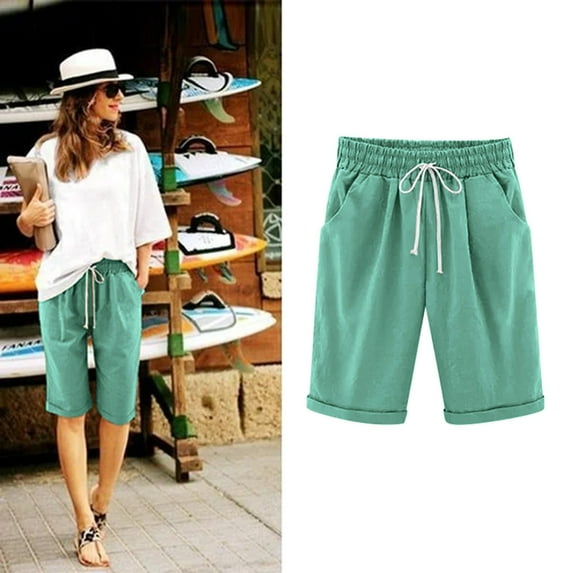 Green Shorts for Women Ladies Casual Pocket Thin Outer Wear Elastic Belt In Trousers Large Size Loose Pants