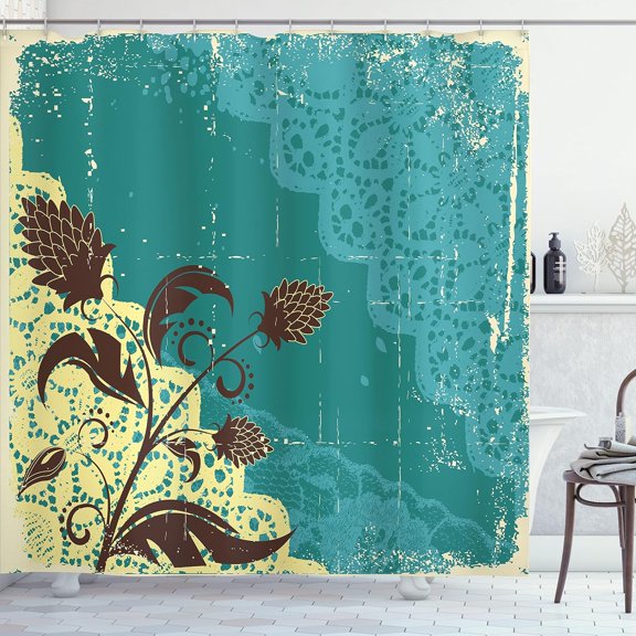 Green Shower Curtain, Abstract Art Style Vector Illustration of Water Drops Background Print, Cloth Fabric Bathroom Decor Set with Hooks, Fern Green