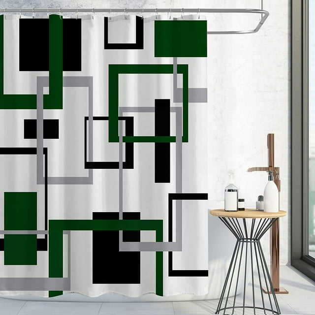 Green Shower Curtain, Abstract Geometric Fabric Shower Curtain Set