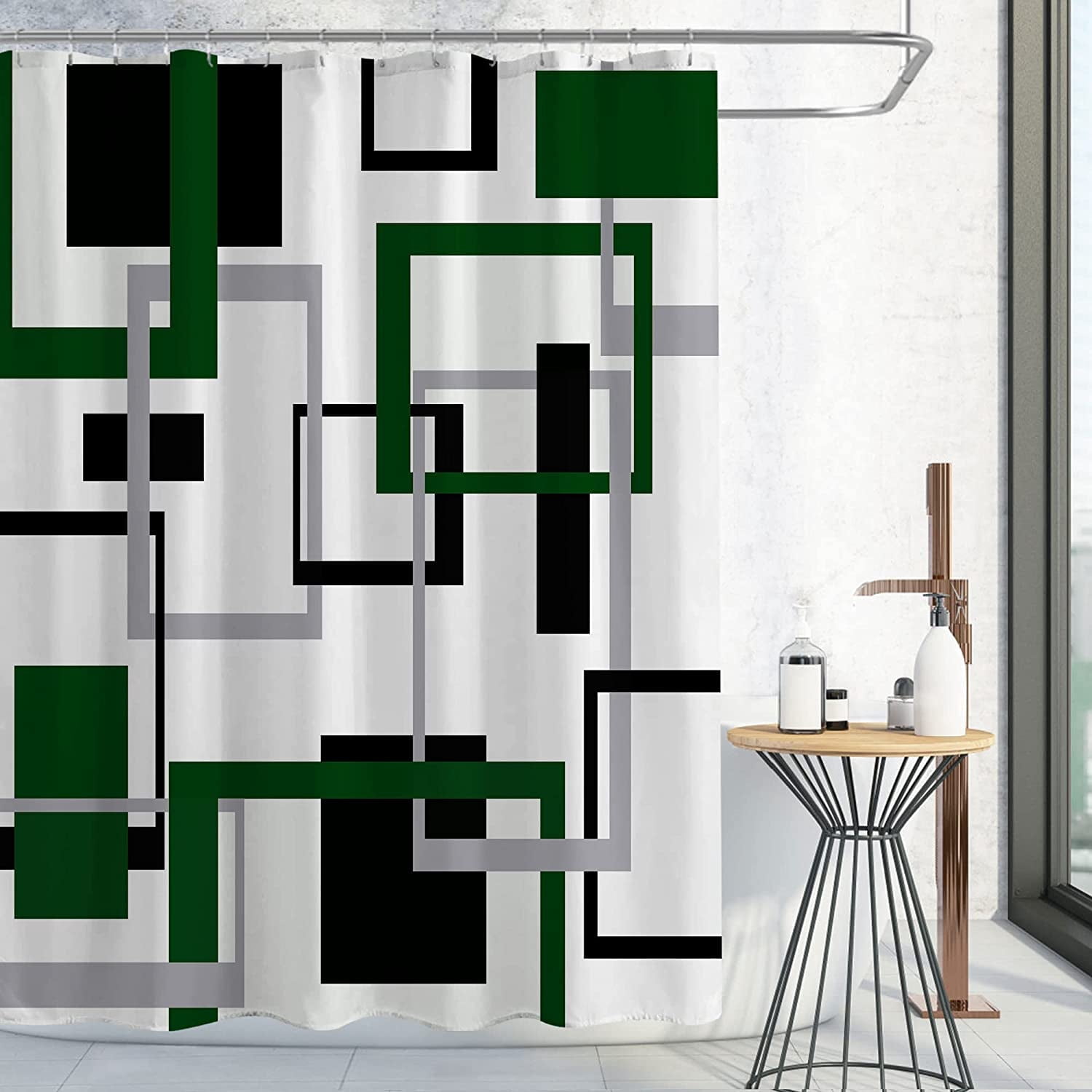 Green Shower Curtain, Abstract Geometric Fabric Shower Curtain Set, Emerald Green Black Grey Square White Backdrop Mid Century Modern Bathroom Decor, 72 x 72