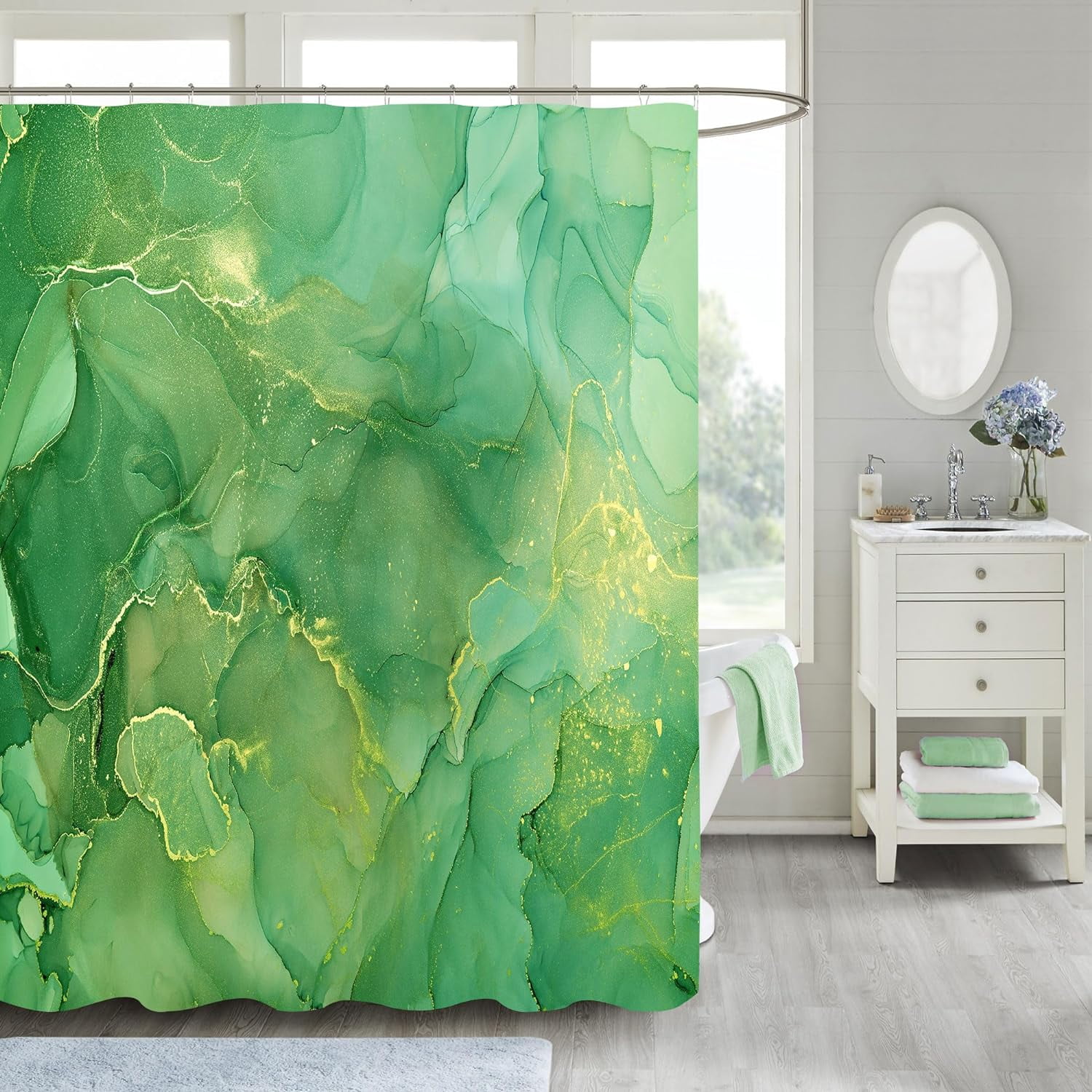 Green Shower Curtain, Abstract Marble Fabric Shower Curtain for Bathroom, Modern Ombre Watercolor Ink Art Shower Curtain Set with Hooks, 72 x 72