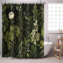 Green Shower Curtain Black Botanical Floral Leaf Wildflower, Farmhouse Plants Garden Black Background Fabric Shower Curtains Bathroom Accessories with Hooks 36"W x 72"L (Pack of 1)
