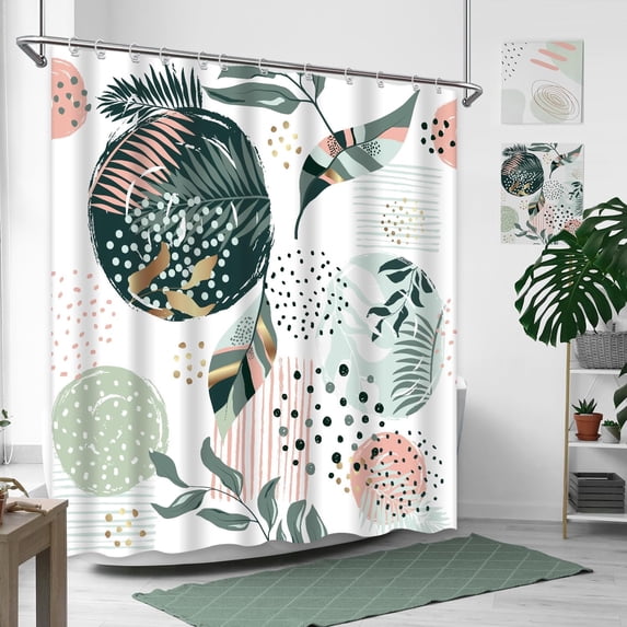 Green Shower Curtain Boho Tropical Leaves Abstract Mid Century Pink Gold Colorful Geometric Modern Bathroom Decor with Hooks, 72" x 72"