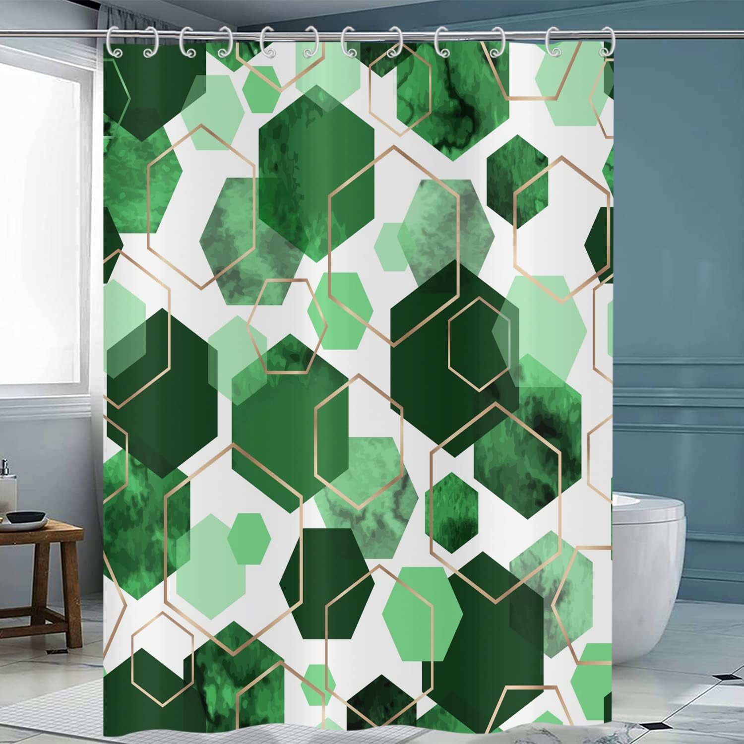Green Shower Curtain, Dark Green Abstract Geometric Modern Grid Pattern