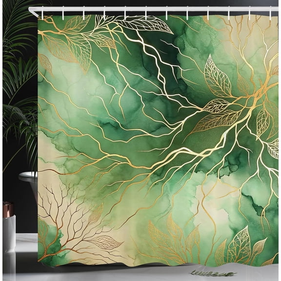 Green Shower Curtain, Dreamy Scenario of Outline Branch and Leaves on Marble Print Look Backdrop, Cloth Fabric Bathroom Decor Set with Hooks, 69" W x 84" L, Seafoam Peach Salmon