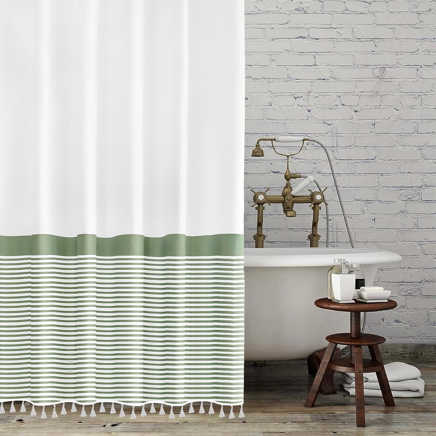 Green Shower Curtain Fabric Striped Tassel Shower Curtain for Bathroom
