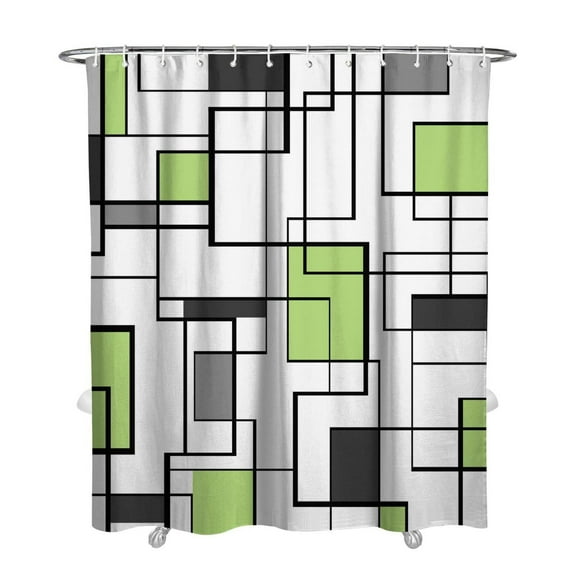 Green Shower Curtain, Mid Century Modern Geometric Shower Curtain for Bathroom Decor, Abstract Lavender Black Grey Square White Fabric Shower Curtain Set with Hooks, 72 x 84