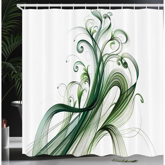 Green Shower Curtain, Modern Abstract Design Curlicue Leaves and Dreamy Stripes with Jungle Tones, Cloth Fabric Bathroom Decor Set with Hooks, 69" W x 84" L, White Emerald Teal