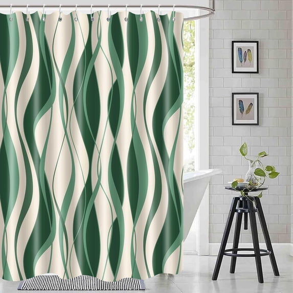Green Shower Curtain, Modern Abstract Navy Green and White Striped Shower Curtain Set for Bathroom,Cute Waterproof Polyester Shower Curtain with Hooks, 72X72IN