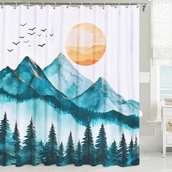 Green Shower Curtain, Mountain Shower Curtain for Bathroom, Rustic Forest Sunset Nature Woodland Printed Decorative Bathroom Curtain Set Polyester Fabric with Hooks 72"W x 72"L (Pack of 1)