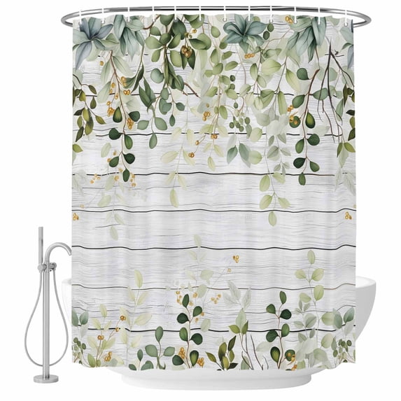 Green Shower Curtain Set - Standard 72" x 72" Washable Bathtub Curtain with 12 Hooks, Eucalyptus Leaves Waterproof Fabric Stall Shower Curtains for Bathroom/Bathtub Décor