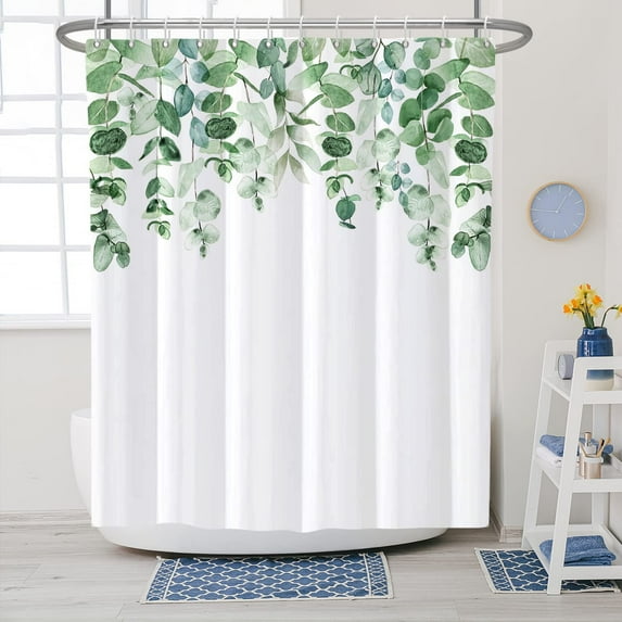 Green Shower Curtain, Shower Curtains for Bathroom Green Leaves Shower Curtain - Waterproof Fabric Bathroom Shower Curtain Set with 12 Hooks Machine Wash Curtains White 72 x 72 Inches