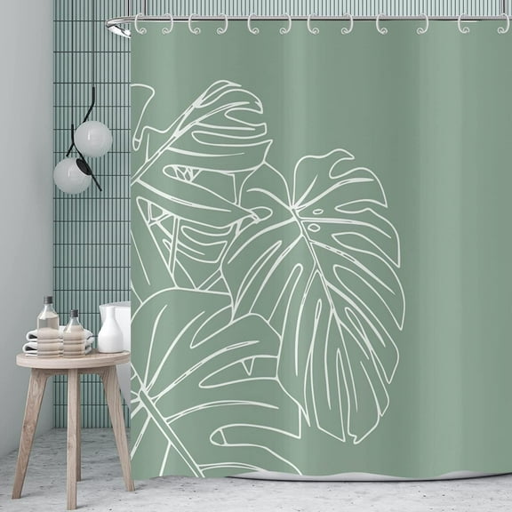 Green Shower Curtain, Tropical Palm Leaves Green Leaf Plants Pattern Botanical Bath Curtains Waterproof Fabric with Hooks for Home Decor, 72Wx72H