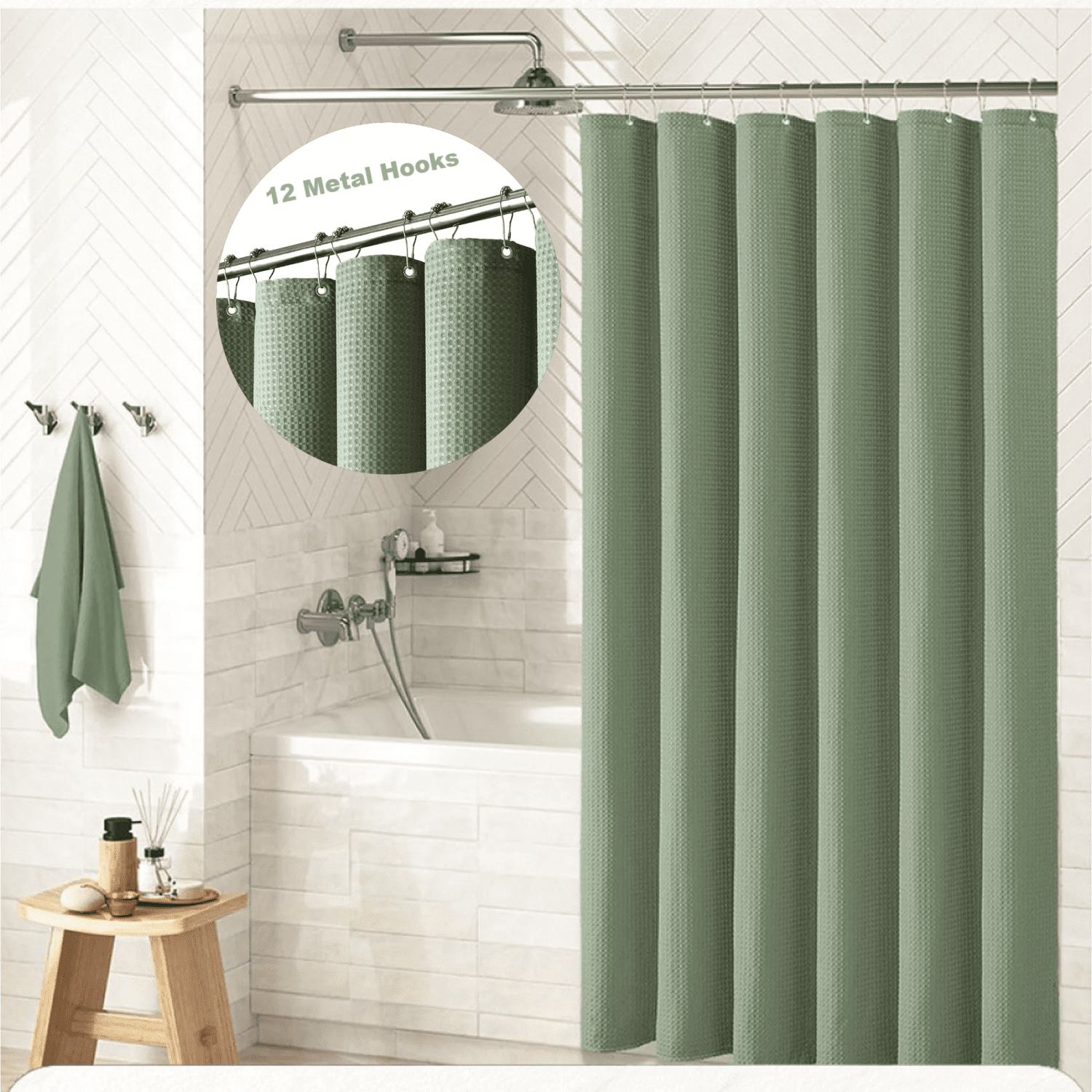 Green Shower Curtain, Waffle Weave Fabric Shower Curtain, Machine ...