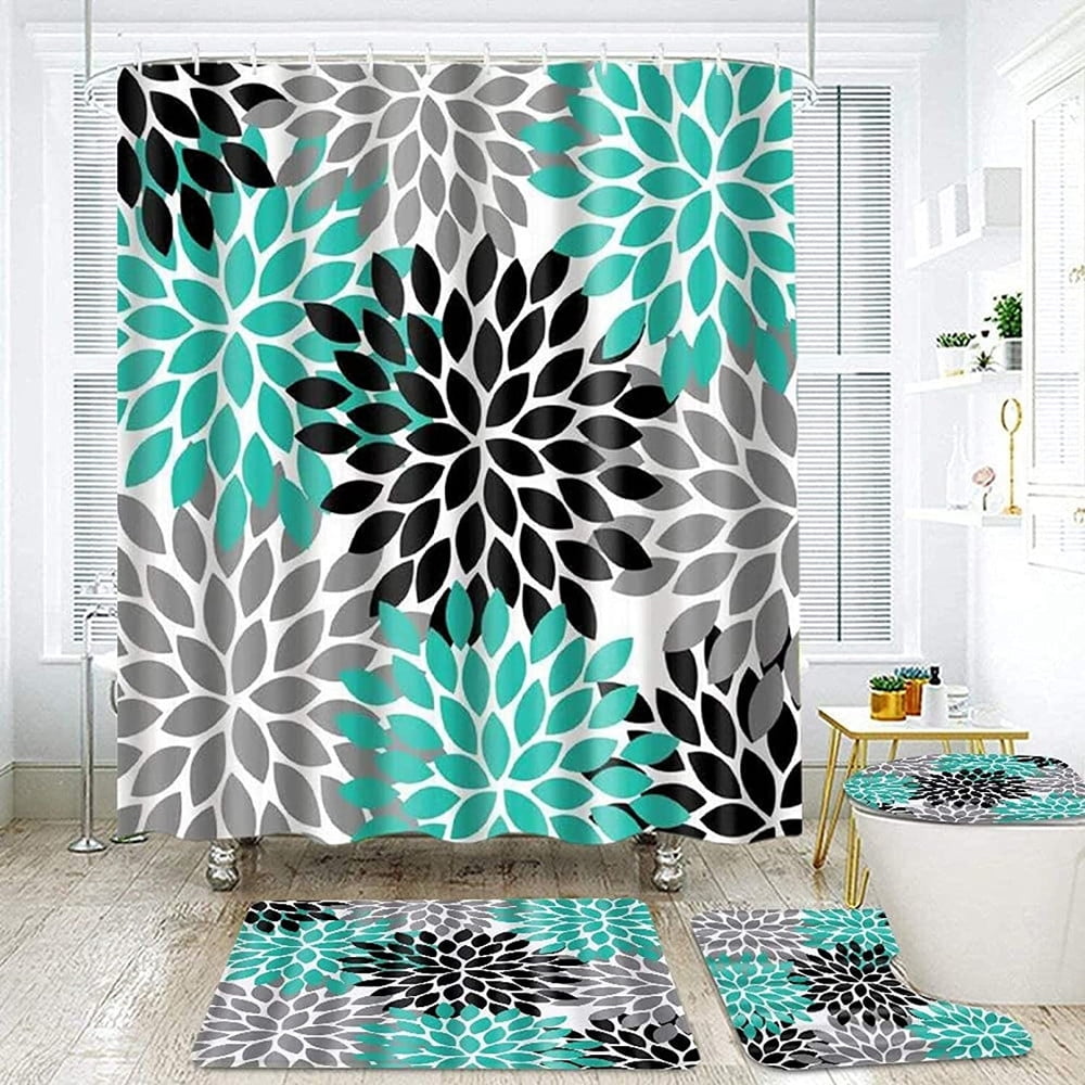 Green Shower Curtain set 4Pcs Bathroom Curtain Set with Non-Slip Rugs ...