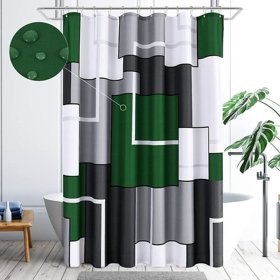 Green Shower Curtains for Bathroom Grey Shower Curtain Set with Hooks Geometric Linen Fabric Green and White Shower Curtains Bath Curtains Decorative Water Repellent, 72x72, Hunter Green