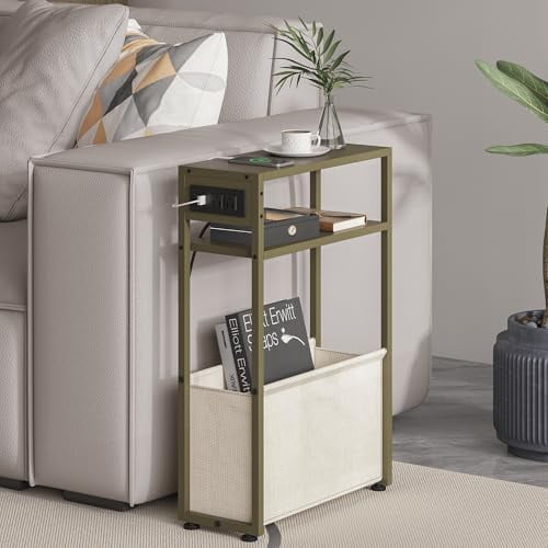 Green Side Table with Charging Station, Slim End Tables with Linen Basket, Skinny Table for Small Spaces, Thin Bedside Table for Living Room, Bedroom