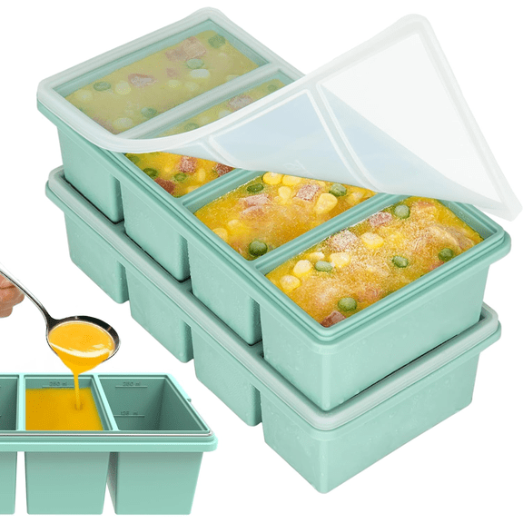 Green Silicone Freezer Tray with Lid, 1-Cup Silicone Food Freezer Mold, Large Ice Cube Tray, Freezer Container for Soup, Sauce, Broth & Leftovers, Makes 4 Perfect 1 Cup Portions