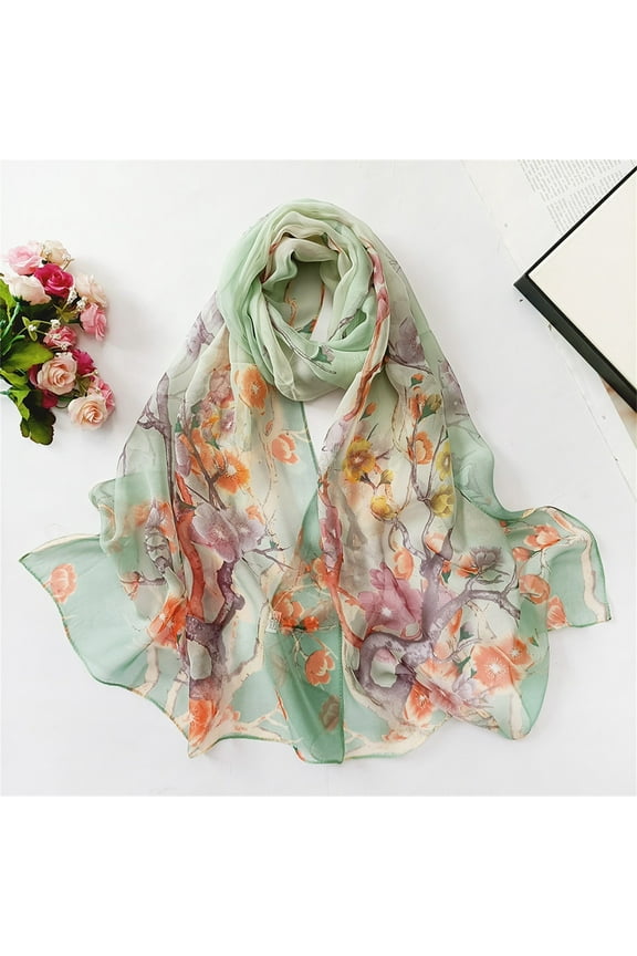 Green Silk Scarves for Women Scarfs for Women Lightweight Print Floral Pattern Scarf Shawl Fashion Scarves Sunscreen Shawls and Wraps for Spring on Sale Clearance