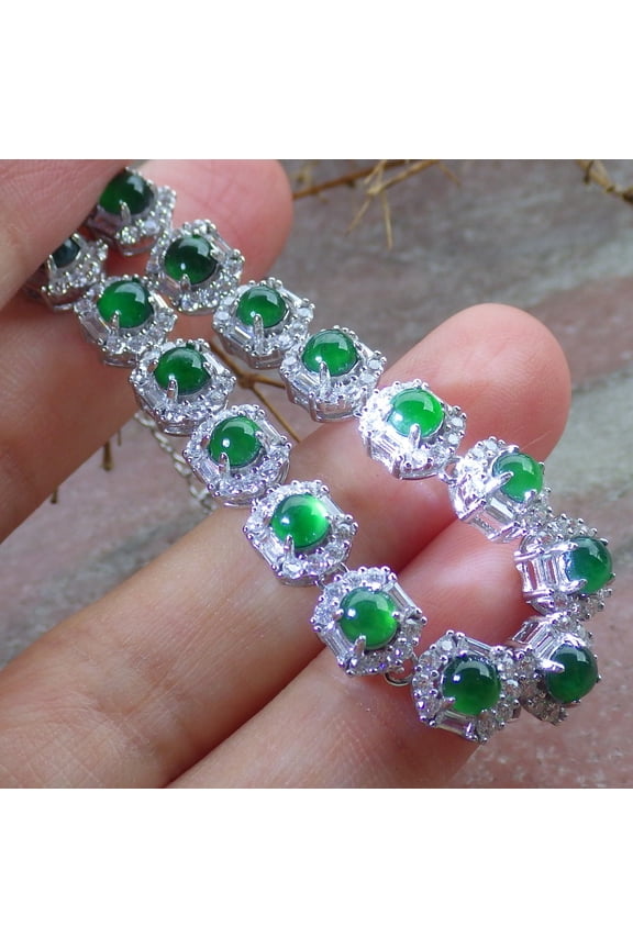 Green Silver 925 Certified A JADE Jadeite Bead Bracelet Diamond Imitation Cabochon Bangle Bracelet 667905 TN