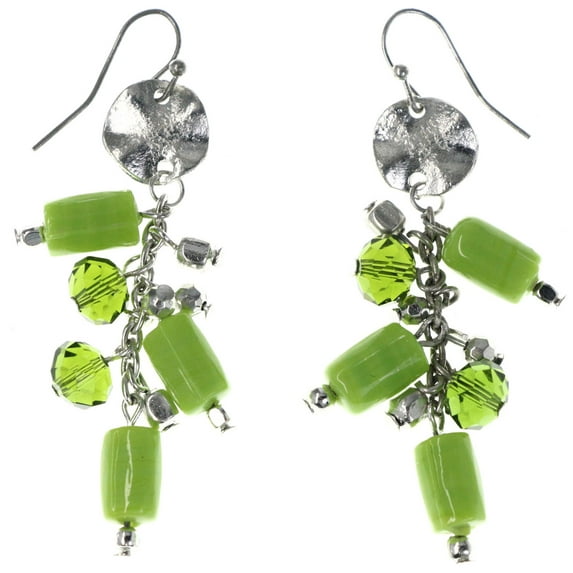 Green & Silver-Tone Colored Metal Dangle-Earrings With Bead Accents #MQE028