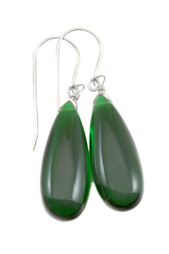 Green Simulated Emerald Earrings Long Smooth Teardrops 1.6 Inch Sterling Silver Drops Spyglass Designs