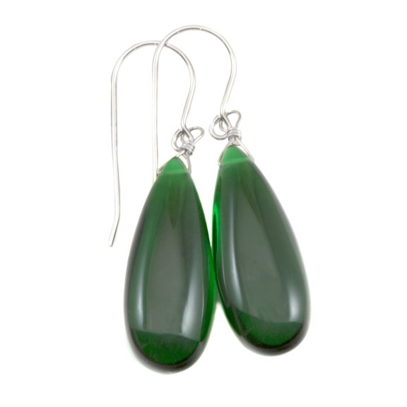 Green Simulated Emerald Earrings Long Smooth Teardrops 1.6 Inch Sterling Silver Drops Spyglass Designs