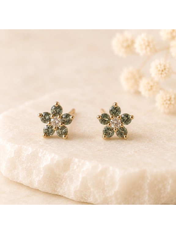 Green Simulated Sapphire Flower Studs, Moissanite Center Earrings, or, August Birthstone Gift for Her