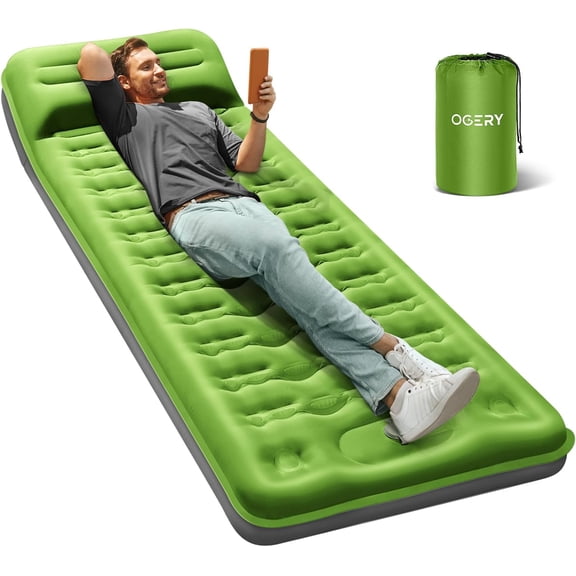 Green Single Self-Inflating Camping Sleeping Pad with Built-In Pillow and Foot Pump, 79" x 27.5" x 6", Plush Firmness, Waterproof