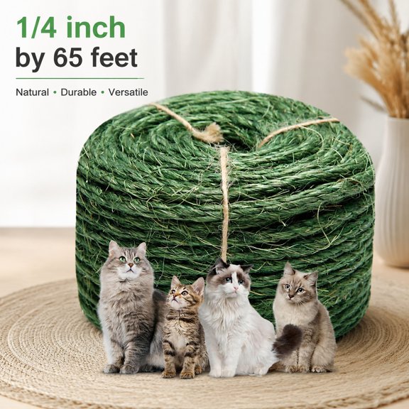 Green Sisal Rope 1/4 Inch by 65 Feet – Durable Cat Scratching Post Replacement, DIY Hemp Twine for Cat Trees, Climbing Shelves, Scratch Mats, Window Perches, 6mm by 20m